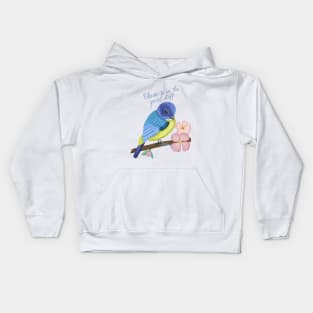 Bird illustration, spring spirits and calligraphy Kids Hoodie